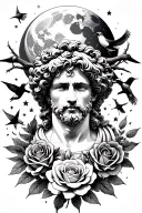 marcus aurelius and roses surrounded thorns earth sky moon stars birds tattoo design idea