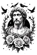 marcus aurelius and roses surrounded thorns earth sky moon stars birds tattoo design idea