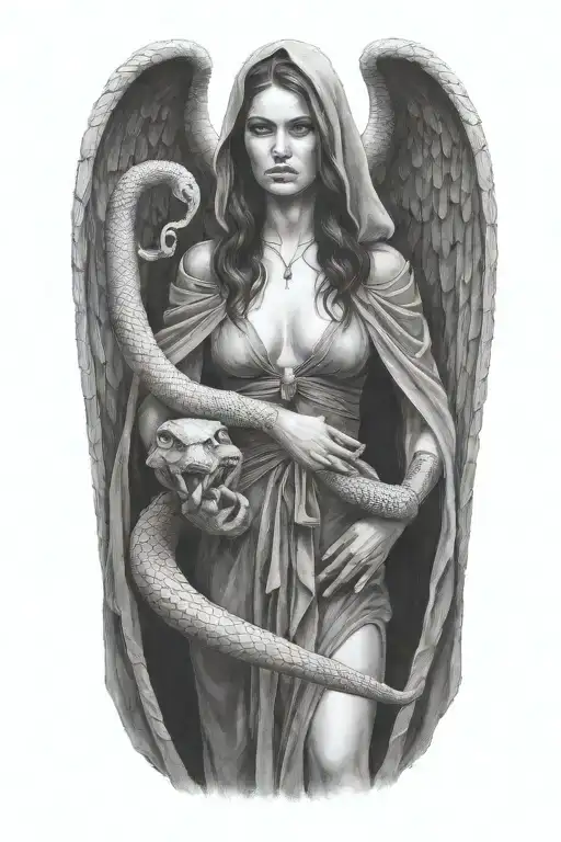 lilith standing in a cloak holding a snake tattoo design idea