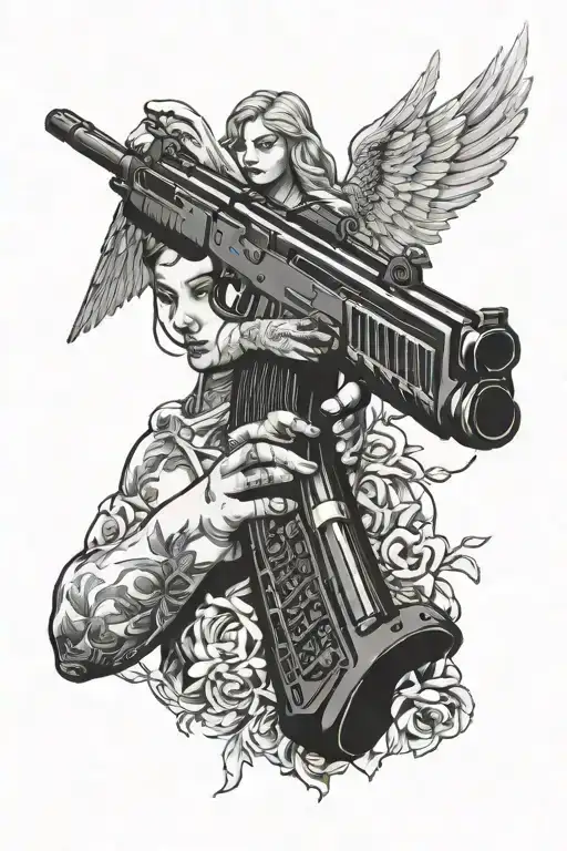 angel AK 47 gun in her hand. tattoo design idea