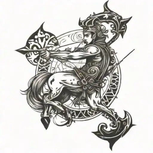 A detailed blackwork tattoo of a majestic sagittarius archer, symbolizing your zodiac sign and military background tattoo design idea