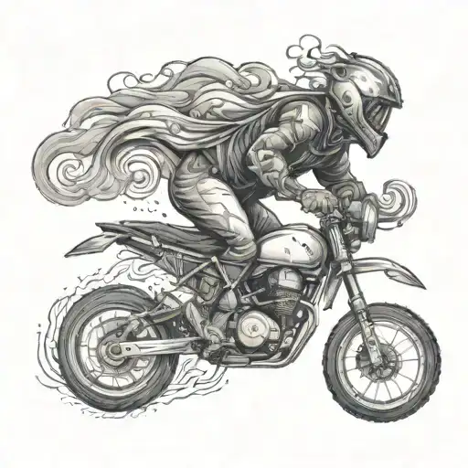 A tattoo depicting a person surrounded by swirling dark clouds, representing your ongoing mental battles. Include subtle hints of exhaustion and fatigue. Integrate a stylized motorcycle into the design as a symbol of resilience and renewal. tattoo design idea