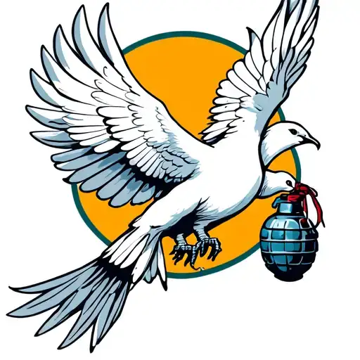 a flying white dove holding a hand grenade in its claws  tattoo design idea