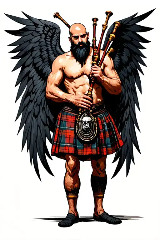 legless shirtless muscular bagpiper bald black beard playing bagpipes huge black wings tattoo design idea