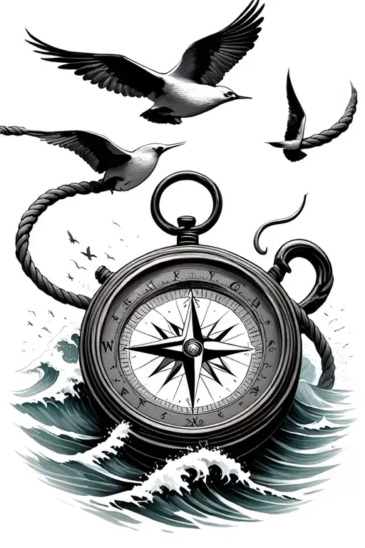 compass surrounded by sea waves and birds flying away and rope and hook  tattoo design idea