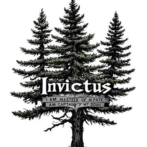 Douglas Fir with the word Invictus I AM master of my fate; I AM captain of my soul tattoo design idea