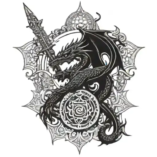 A dragon wielding a sword in a mandala design with intricate pendants tattoo design idea