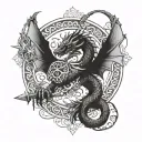 A dragon wielding a sword in a mandala design with intricate pendants tattoo design idea