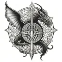 A dragon wielding a sword in a mandala design with intricate pendants tattoo design idea