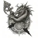 A dragon wielding a sword in a mandala design with intricate pendants tattoo design idea