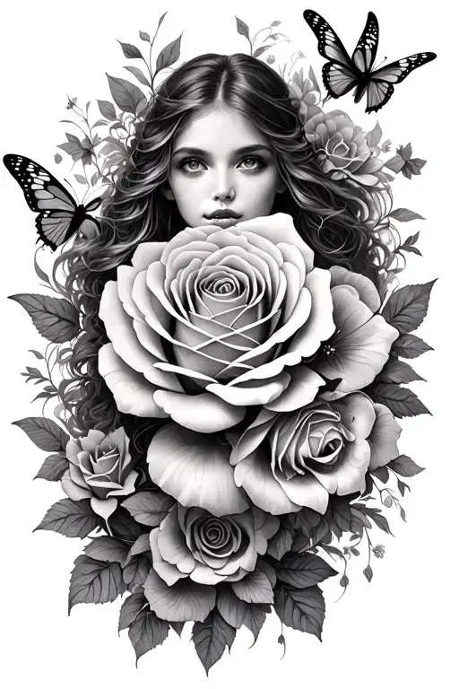 roses butterflies fairies surrounded tattoo design idea