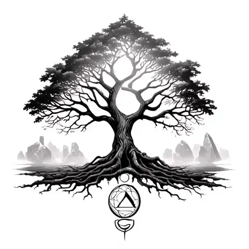 Tree of life symbol of Ptyzi Hermes and philosophical stone tattoo design idea