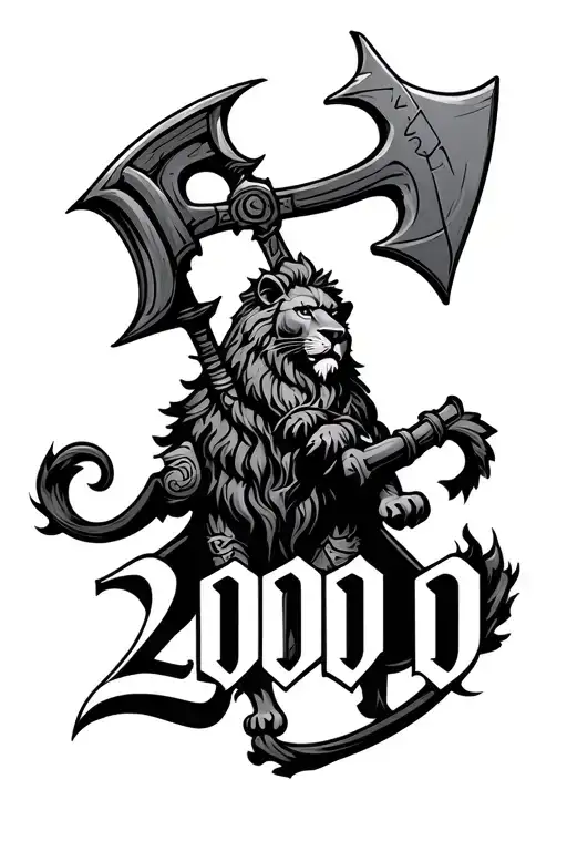 I want the numbers 2000 in a old English typa font with a Lion knight / lion of juda I also want a fire axe in a sleeve  tattoo design idea