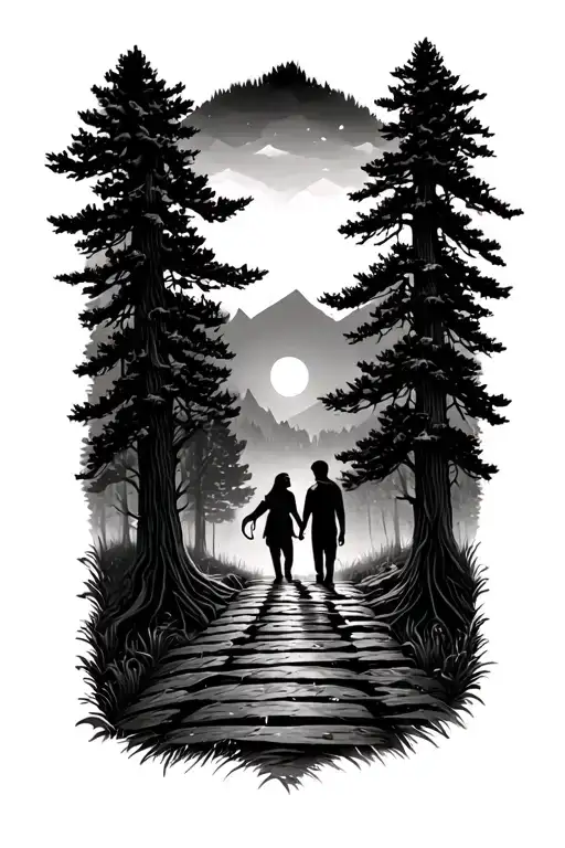 son and daughter on a crossroad in the forest landscape tattoo design idea
