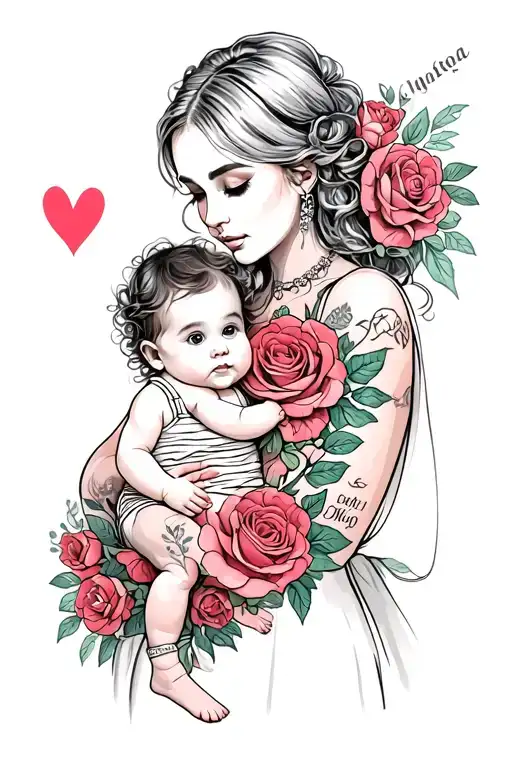 mom holding baby girl with roses and heart tattoo design idea