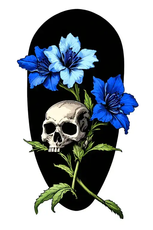  Four Colorado Blue Columbine flowers vertical and skull  tattoo design idea