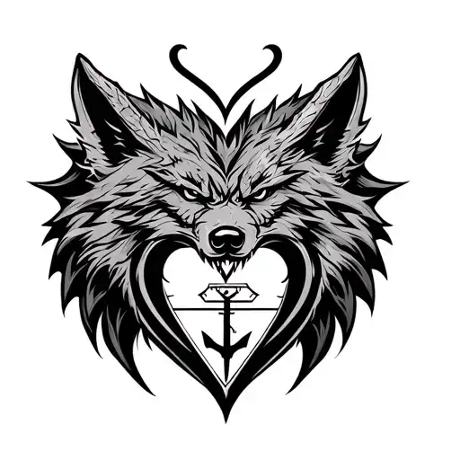 A wolf head and a dragon head that forms a tribal heart With an anchor cross on the tip of the heart and the astrologica tattoo design idea