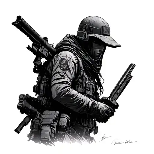 A futuristic anime-inspired scene of a hunter with a gun in a post-apocalyptic world tattoo design idea