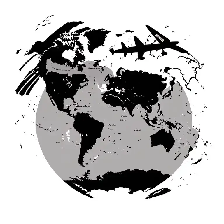 small vintage world map with airplane flying above north tattoo design idea