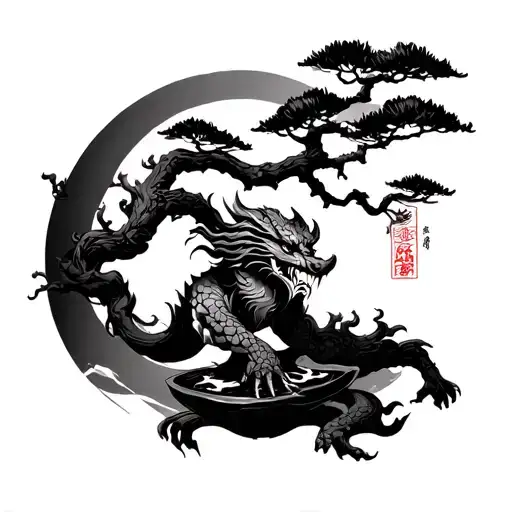 bonsai tree branch and Japanese demon tattoo design idea