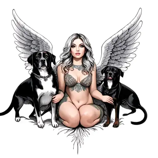 sexy angel with dogs  tattoo design idea