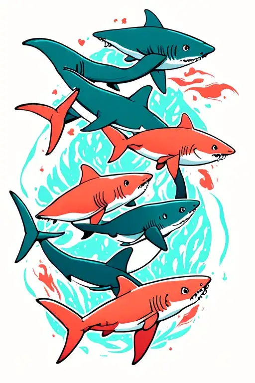 thigh sleeve neo traditional shark silhouette with 3 baby sharks in turquoise and 2 baby sharks in coral color tattoo design idea