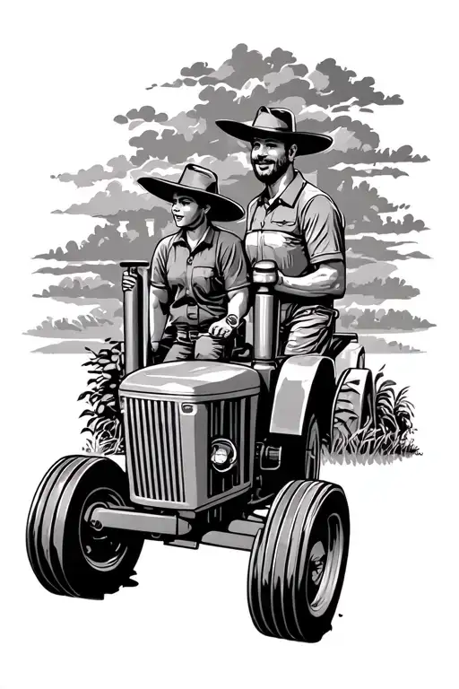 Tractor, Farmer man and woman tattoo design idea