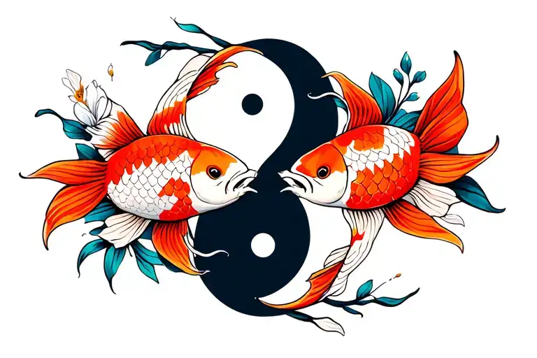 Two koi fish yin yang with flowers. The koi fish swimming tattoo design idea