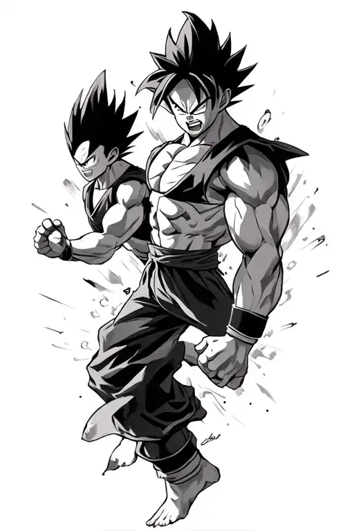 guts berserk, Vegeta ultra ego, Ippo from hajime no ippo, luffy from one piece. all in fighting poses  tattoo design idea