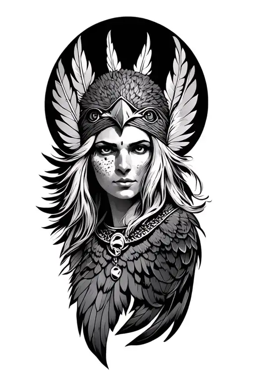 Freyja Norse Goddess face surrounded falcon feather headwear and necklace tattoo design idea