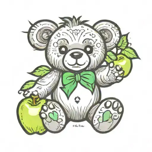 Grey teddy bear holding green apple both hands tattoo design idea