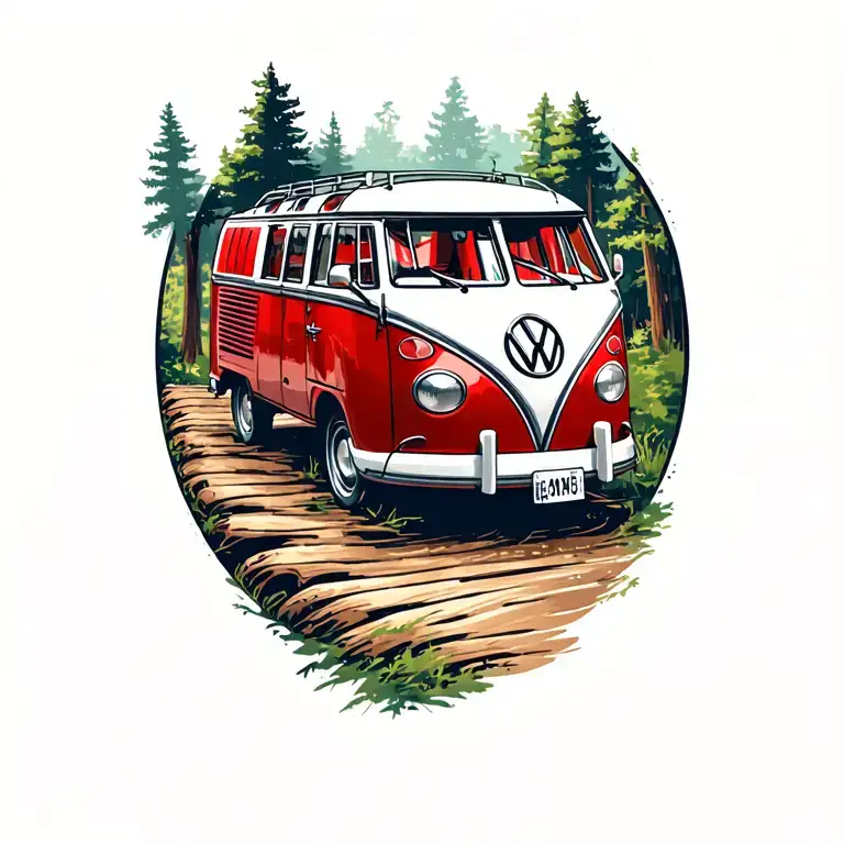 red volkswagen bus driving on wooded road tattoo design idea