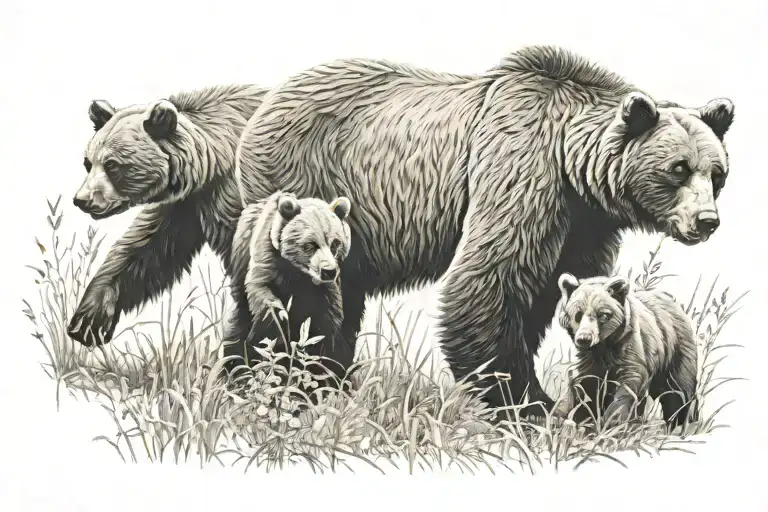 Bear with two cubs playing in a field tattoo design idea