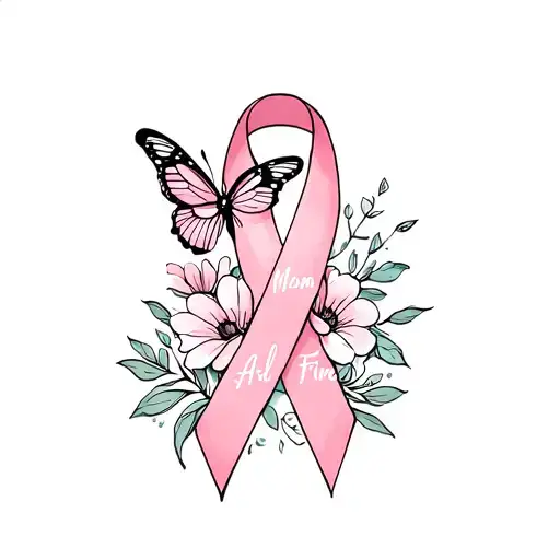 cancer ribbon with a butterfly, flowers, and the word mom all fine line and simple tattoo design idea
