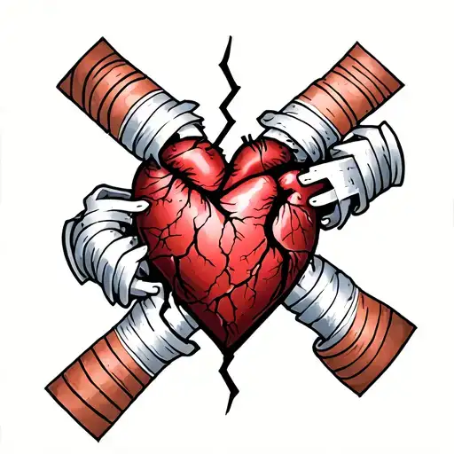 Heart shape tattoo, cracks down the middle, held together by bandages and plasters tattoo design idea