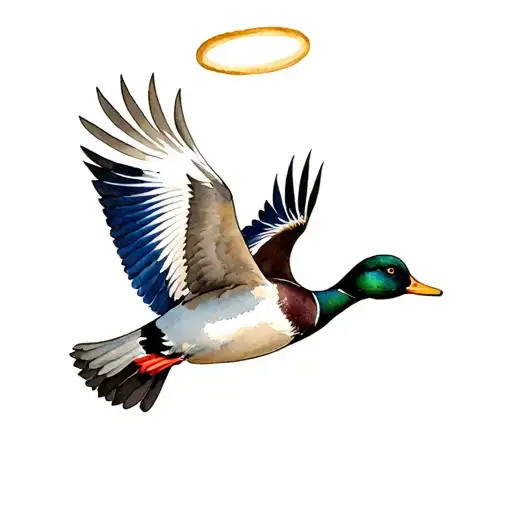 A mallard duck taking flight with a halo over its head tattoo design idea