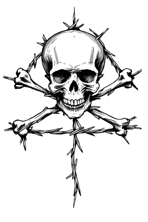 skull and bones pentagram barbed wire wrapped tattoo design idea
