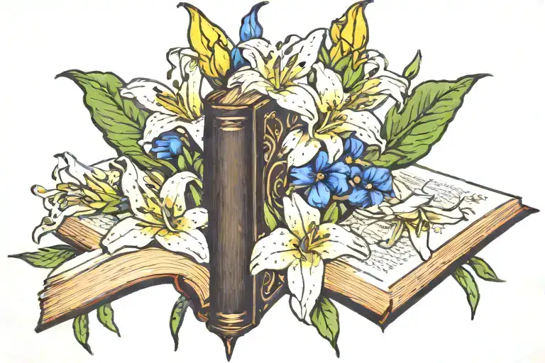 open books surrounded by lillies and blue bell flowers tattoo design idea