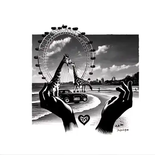 london eye surrounded beach scene with ziraffe and a car dashboard with a heart shape couple hands  tattoo design idea