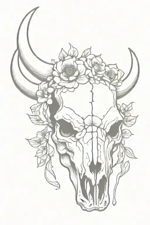 buffalo skull with flowers tattoo design idea
