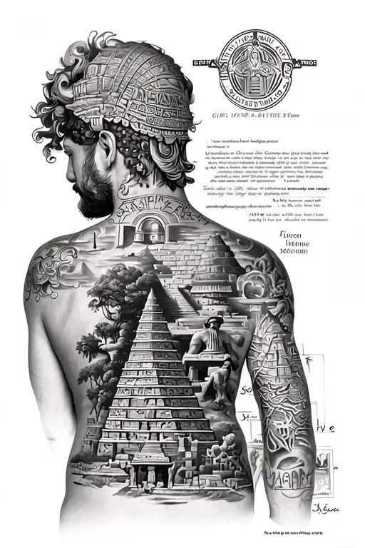back piece tattoo for male with a collage of ancient sites such as gobekli tepe, giza pyramids, ephesus, angkor wat, mac tattoo design idea