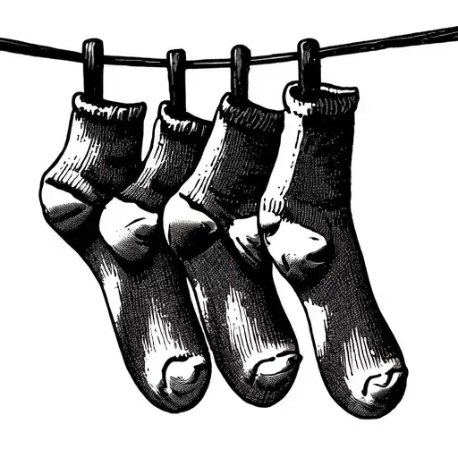 Four white terrycloth socks hanging on a clothesline tattoo design idea
