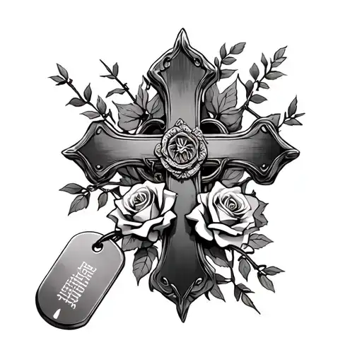 ornate cross, roses, dog tags, barbed wire with roses tattoo design idea
