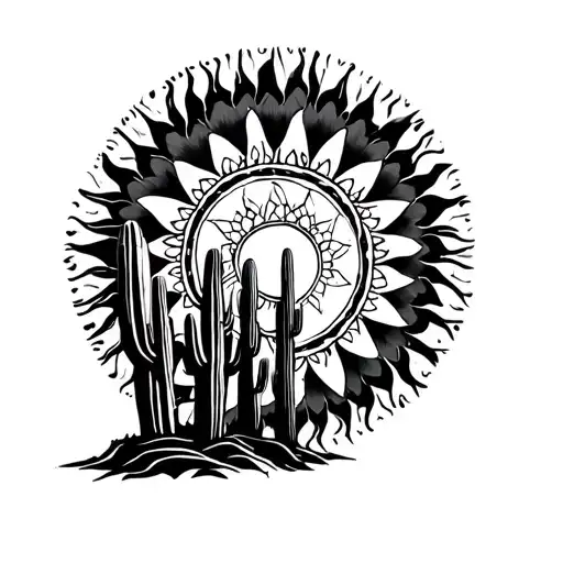 Create a black and white tattoo design of the Filipino sun with a mandala design inside of the sun, and 3 Saguaro Cactus tattoo design idea