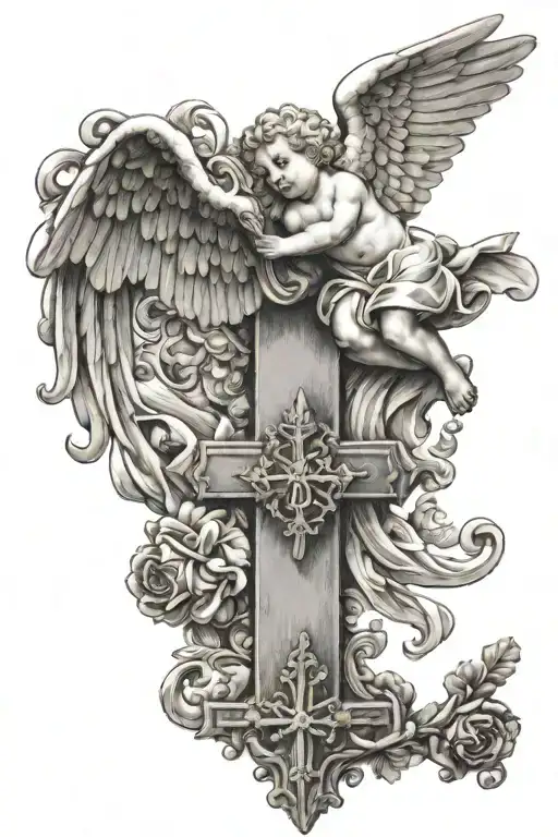 Cherub flying holding a cross. 2 white doves below the cherub. Baroque background tattoo design idea