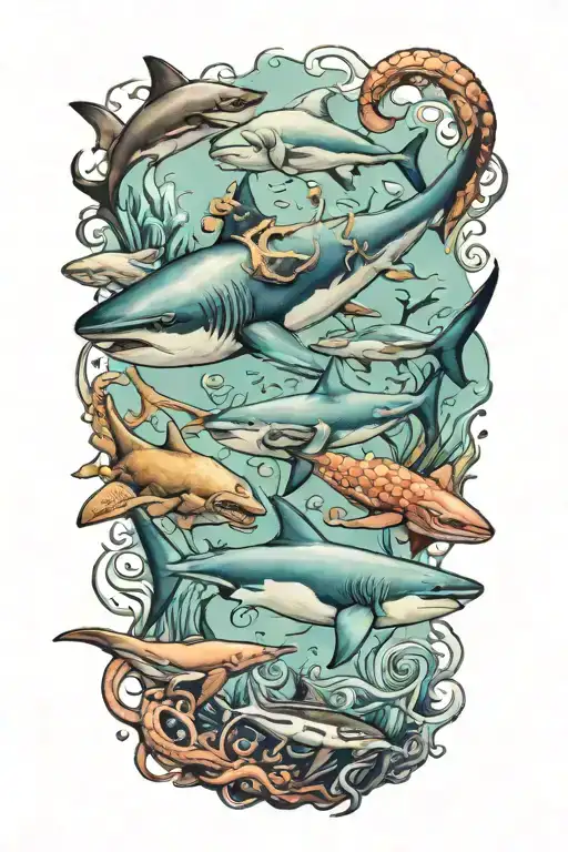 seaworld with sharks and octopus tattoo design idea