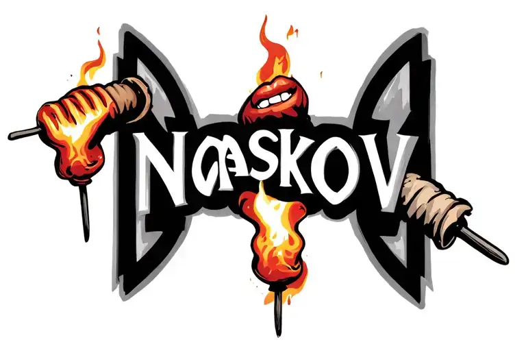 letters "naskov" in a kebab stick with a girls mouth biting on it with fire tattoo design idea