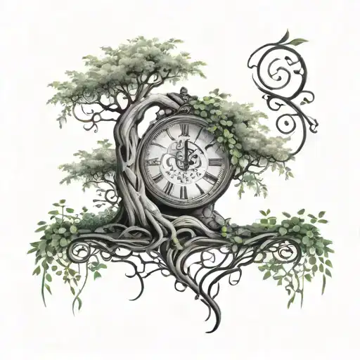 An intricate design of a willow tree growing on a clock face, with ivy creeping around the numbers, representing the importance of time and family tattoo design idea