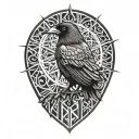 raven , nordic runes, lines around it, nordic themed tattoo design idea