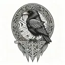 raven , nordic runes, lines around it, nordic themed tattoo design idea